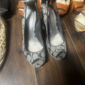 Coach Black and Gray Peep-Toe Wedges